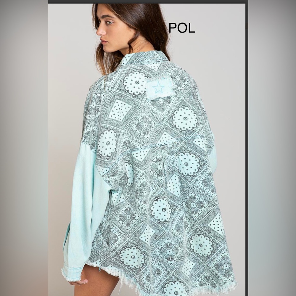 BPB24💙NEW! POL pretty mint+ blue+black paisley jacket w/solid details!💙 - Picture 4 of 10